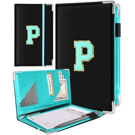 Slohif Server Book for Waitress Alphabet Serving Books with Zipper Pocket Accessories Leather Server Check Book Restaurant Waiter Wallet Server Booklet Ticket Book Holder Blue P