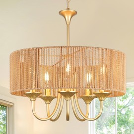 Bagood Gold 5-Light Rattan Light Fixture Rattan Pendant Lights Boho Chandelier Wicker Chandelier Woven Pendant Light Drum Chandeliers with Hand Woven Wicker Shade for Dining Room Kitchen Island