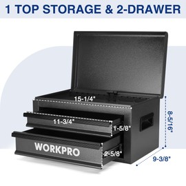 WORKPRO 15 Inch Metal Tool Box with 2 Drawers & 1 Top Storage, Heavy Duty Portable Tool Box with Handle for Garage, Office and Home, Up To 85 LBS Load Capacity