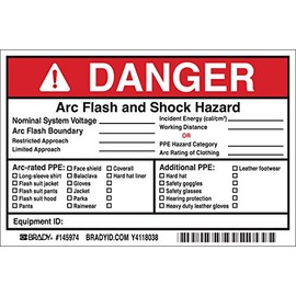 Brady 145974 Arc Flash Labels, Adhesive, Vinyl, 4" x 6" x 0.004", Black/Red On White (Pack of 5)