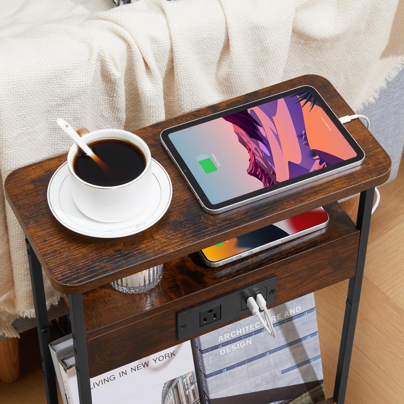 Narrow Side Table With Charging Station, 3-Tier End Table with