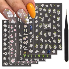 6 Sheets 5D Flower Nail Art Stickers Decals with Tweezers,Embossed Tulip Pink White Nail Design Stickers Pegatinas Uñas Self Adhesive Floral Nail Art Accessories Supplies for Women Nail Decorations