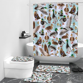 Cute Yellow Duck Taking Bath Shower Curtain 4Pcs Bath Sets with Non-Slip Rugs U-Shaped Mat Toilet Lid Cover for Duck Lovers Decor 72x72 in Polyester Fabric 12 Hooks Durable Waterproof for Bathroom 01