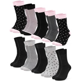 Occulto 10 Pairs of Women’s Socks - Multicoloured with Stripes, Dots, Hearts and Christmas Designs - Sweet Cotton Socks for Women in Various Patterns for Winter and Summer - Pink / Black, size: 39-42