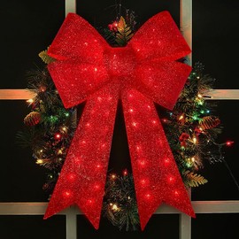 JUSTPRO 40" 99 LED Lighted Red Sparkly Bow Christmas Decoration