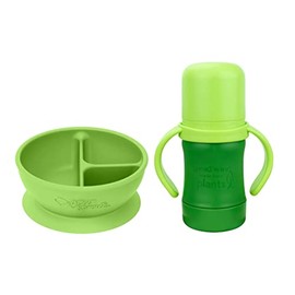 Green Sprouts - Learning Bowl made from Silicone and Sprout Ware Sip & Straw Cup made from Plants - Bundle (Green)
