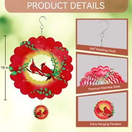 Cardinal Wind Spinners Outdoor,3D Stainless Steel Cardinal Wind Spinner,10 in Red Kinetic Cardinal Wind Spinners for Yard Patio Garden,Cardinal Gifts for Fathers Day Women Birthday Christmas