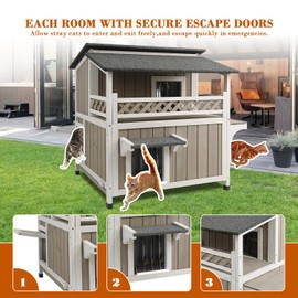 GoWoodHut Outdoor Cat House Weatherproof Cats Shelter for Feral Kitten Pet Houses for 1-2 Small Animlas 2 Story Wooden Houses for Indoor Outdoor Cats with Escape Doors (29" L x 30" W x 31.5" H Grey)