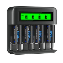 CITYORK 4 Pack Rechargeable C Batteries 5000mAh with Charger for 1.2V Ni-MH AA AAA C D Rechargeable Batteries, 8 Slots LCD Smart Battery Charger with C Cell Batteries (Included USB Cable)