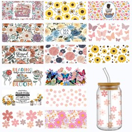 YOKUSHI UV DTF Cup Wrap Transfer Sticker for Glass, 15Sheets Rub on Transfers Stickers for Crafting Furniture-DIY Waterproof Decals UV DTF Transfer Sticker for 16OZ Libbey Glass Cups (Flower)