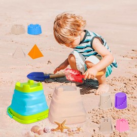 KY-Tech Collapsible Beach Toys Set for Kids, Foldable Beach Bucket And Spade Set, Collapsible Sand Bucket with 6pcs Metal Beach Shovel and 4pcs Sand Moulds for Children Toddles Age 3 4 5