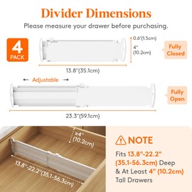 Lifewit 4 Pack Drawer Dividers Plastic 4" High, 14-23" Adjustable Drawer Organisers for Clothes, Expandable Dresser Separators in Bedroom/Bathroom/Kitchen/Office/Vanity Organisation and Storage