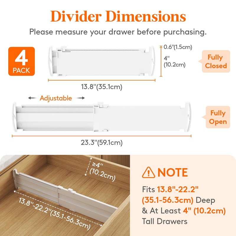 Lifewit 4 Pack Drawer Dividers Plastic 4" High, 14-23" Adjustable