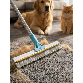 Carpet Rake for Pet Hair Removal: DELOMO Carpet Scraper Broom with 54” Adjustable Long Handle, Dual-Sided, Metal + Short Silicone for Carpets & Rugs, Extended Silicone for Shag Rugs & Hard Floors