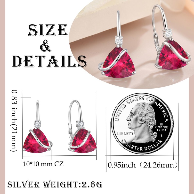 YIFSIY Women Ruby Leverback Earrings 925 Sterling Silver Triangle cut