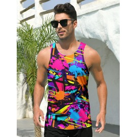 RAISEVERN Men's Graffiti Tank Tops 80S 90S Sleeveless Shirt Hip Hop Spray Paint Ink Geometric Summer Cool Colorful Tee Workout Athletic Training Sports Undershirts