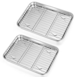 P&P CHEF 10.4 + 9 Inch Toaster Oven Pans with Racks, 4 Pieces Stainless Steel Oven Tray Baking Pan Sheet and Cooling Rack for Oven Cooking Roasting, Non Toxic & Dishwasher Safe