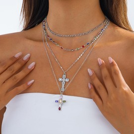 MSSIEJEW Gold Cross Necklace for Women Gold Chain Layering Stackable Crystal Cross Pendant Necklace Boho Summer Beach Jewelry(silver)