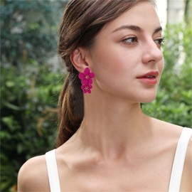 MALOYANVE Bohemian Flower Earrings for Women Delicate Big Double Layered Tiered Daisy Matte Metal Floral Petal Dangle Drop Statement Earrings Chic Boho Hawaii Vacation Wedding Flower Jewelry (Rose Red)