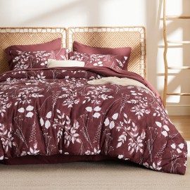Bedsure Burgundy Queen Comforter Set - 7 Pieces Floral Bedding Sets Queen Bed in a Bag with Reversible Botanical Flowers Comforter, Sheets, Pillowcases & Shams
