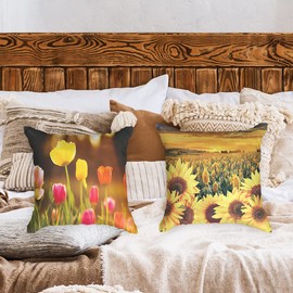 Ulticool - Cushion Cover - Tulips Flowers Nature Sunflower Sun - Set of 2 Designs - 45 x 45 cm - Decorative Cushion without Filling - Cushion Cover Accessories for Sofa/Bed - Yellow Pink Orange