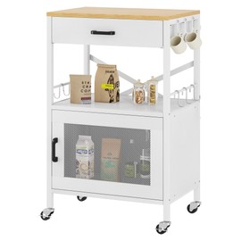 Homeiju Kitchen Island Cart, Kitchen Storage Cart with Drawer, Microwaves Stand, Coffee Cart, Rolling Kitchen Cabinet Cart with Hooks for Kitchen, Dining Room, White