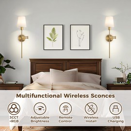 Bicrink Battery Operated Wall Sconces Set of 2, Wireless Rechargeable Wall Light with 3 Bulbs, RGB and 3 Color Temperatures, Remote Control Fabric Shade Indoor Sconce for Bedroom Living Room, Brass