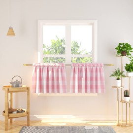 NATUS WEAVER 2 Panels Valance Curtains 16 inches Long Cafe Curtain Buffalo Plaid Gingham Check Short Tiers for Kitchen Bathroom Window Curtain Pink & White