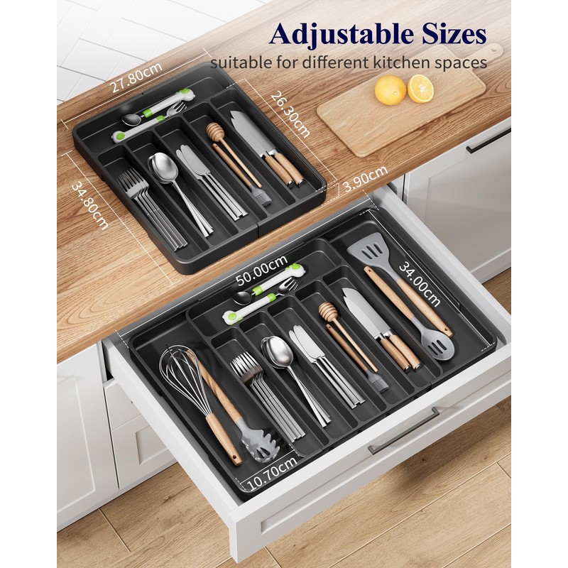Kitsure Large Cutlery Organizer - Adjustable Silverware Utensil Drawer Organizer