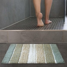 Chardin home Cordural Stripe Bath Mat, 17 x 24 Inches | Non Slip Bathroom Rug, Machine Washable, Plush, Highly Absorbent | Bluish Gray- Beige