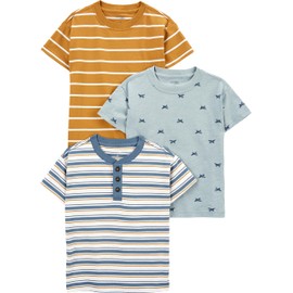 Simple Joys by Carter's Baby Boys' 3-Pack Short-Sleeve Tee Shirts, Dusty Blue/Gold Stripe/Tapestry Blue Stripe