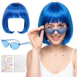 Bob Wig for Women, Blue Wig with Heart Neon Sunglasses Face Gems Hair Cap,Short Synthetic Party Wigs Funny Cosplay Hairpieces for Women Men Daily Bachelorette Halloween Costume Party Decorations