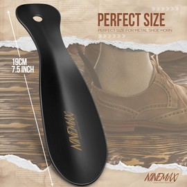 NINEMAX Calzador de Metal Inoxidable 19cm Negro - Calzadores Acero Inoxidable Metalico para Hombre Mujer Senior, Calzador Pequeño para Botas y Zapatos