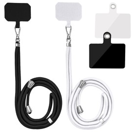 2 Pack Universal Nylon Neck Crossbody Cell Phone Lanyards + 4 Pieces Replacement Sticker Patches Tab, 2 Colors Adjustable Detachable Strap Safety Tether and Pads for Most Smartphone, Black/White