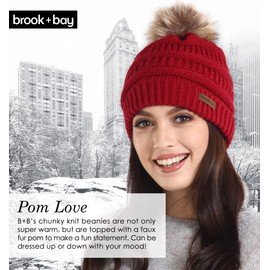 Brook + Bay Pom Pom Beanie Winter Hat for Women - Faux Fur Pompom Warm Chunky Soft Cable Knit Hats - Cold Weather Knitted Hat, maroon,