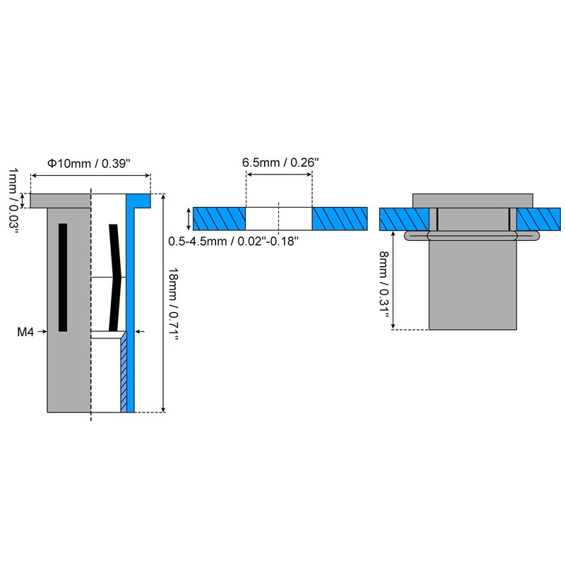 sourcing map M4 Multi-Grip Rivet Nuts, 5pcs Pre-Bulbed Shank Flat