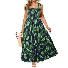 Women Plus Size Maxi Sundress Tropical Summer Hawaiian Casual Pocket Sleeveless Ruched Beach Vacation Tiered Long Dress
