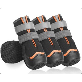 Ohcozzy Wasserdicht Hundeschuhe, Anti-Rutsch Hundestiefel mit reflektierenden Riemen, Verschleißfeste Gummisohle Hundeschuhe Pfotenschutz fürkleine, Mittlere und Große Hunde 4 Stück(L, Orange)