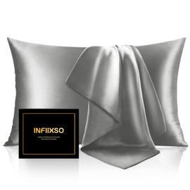 INFIIXSO Mulberry Silk Pillowcase for Hair and Skin, Silk Pillow Cases Standard Size Set of 2 with Hidden Zipper 20x26 Inches, Ultra Smooth and Soft Cooling Pillow Cases for Hot Sleepers(Grey,2 Pack)