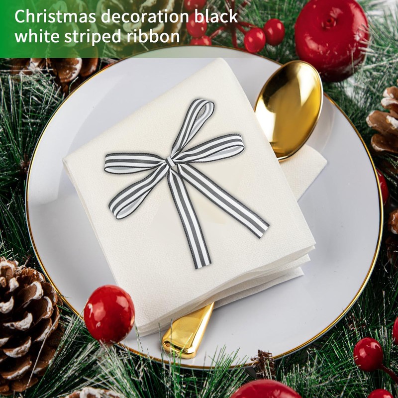 Mupera Black & White Striped Wired Ribbon - 1" x