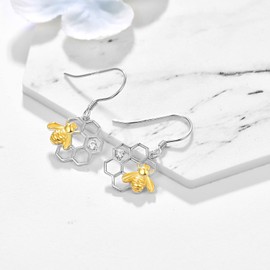 TANGPOET Bee Drop Earrings 925 Sterling Silver Honeycomb Bee Dangly Earrings Jewellery Gifts Valentines Day Birthday Gifts for Women Ladies Girls