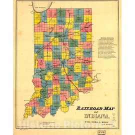 Historic 1852 Wall Map - Railroad map of Indiana. 20in x 24in