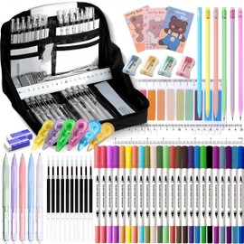56 PCS Aesthetic School Supplies with Large Pencil Case, 24 Double Brush Marker Pens, 5 Black Ink Gel Pens, 6 Macaron Pencils, 4 Sharpeners, Sticky Notes, Ruler, Erasers, Stationery Gift for Students
