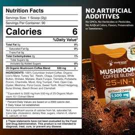 Mushroom Coffee Organic Instant Coffee, 25-in-1, Third-Party Tested Keto Friendly Lions Mane Supplement with Functional Mushrooms – Shiitake, Reishi, Lion’s Mane & More | Smooth, Rich Flavor - 90 Servings