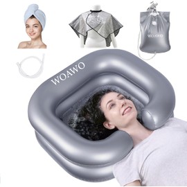 Inflatable Shampoo Basin and Bedside Shower Water Bag– Portable Hair Washing Bowl for Bedridden, Disabled, Injured, and Elderly; Outdoor washbasin complimentary Quick Drying Towel Cap, Apron (Silver)