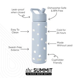 Simple Modern Water Bottle with Straw Lid | Vacuum Insulated Stainless Steel Metal | Reusable Leak Proof BPA-Free Cup for School | Summit Collection | 22oz, Sweet Daisy on Blue
