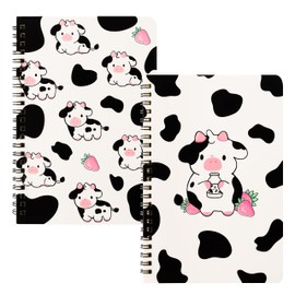L1rabe 2 A5 Cow Spiral Notebooks Back to School Cute Funny Cow Pink Strawberry Milk College Ruled Notebook Hardbound Spiral Travel Drawing Journal Notepad Diary for Kids Teen First Day of School Gifts