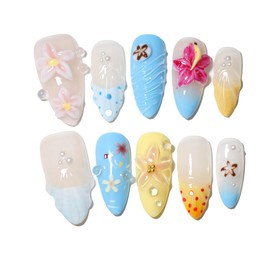 10PC 3D Floral Press-On Nails, French Style Almond short Tips, 100% Handmade Reusable Fake Nails, DIY Nail Art Design Products for Women and Girls (A009, S)