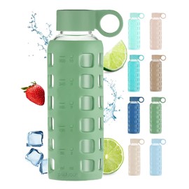 purifyou 40/32/22/12 oz Borosilicate Glass Water Bottles with Volume Markers, Silicone Sleeve, Stainless Steel Lid, Reusable Bottle for Water, Juice, Gym, and Fridge Storage (12oz Shale Green)