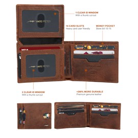Marc Peter Wallet for Men Slim Bifold RFID Blocking with 2 ID Window up to 14 cards Minimalist Front Pocket Full Grain Leather Wallet and Gift Box Crazy Horse Camel